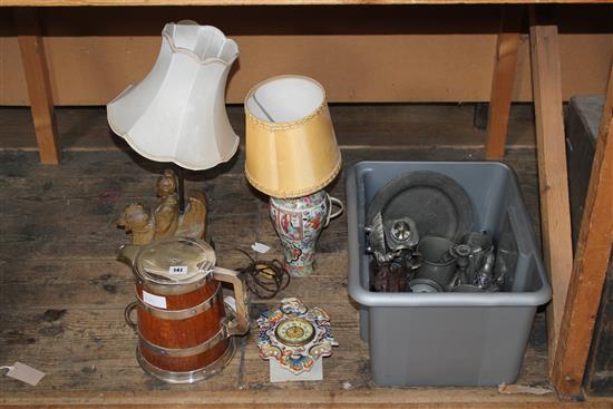 Chinese vase, oak and plated jug, pewter and plated ware